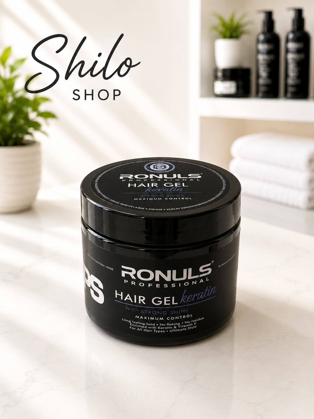 Ronuls Professional Hair Gel Keratin Maximum Control – schwarze Dose mit starkem Halt und Glanz