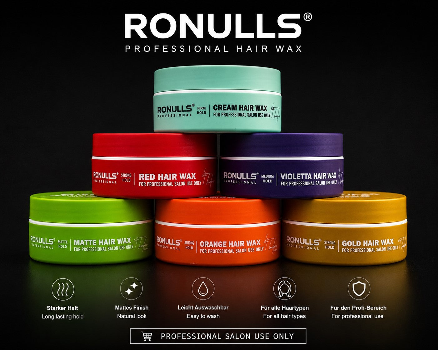 Ronulls Professional Hair Wax 6er Set – Cream, Red, Violetta, Matte, Orange und Gold Varianten