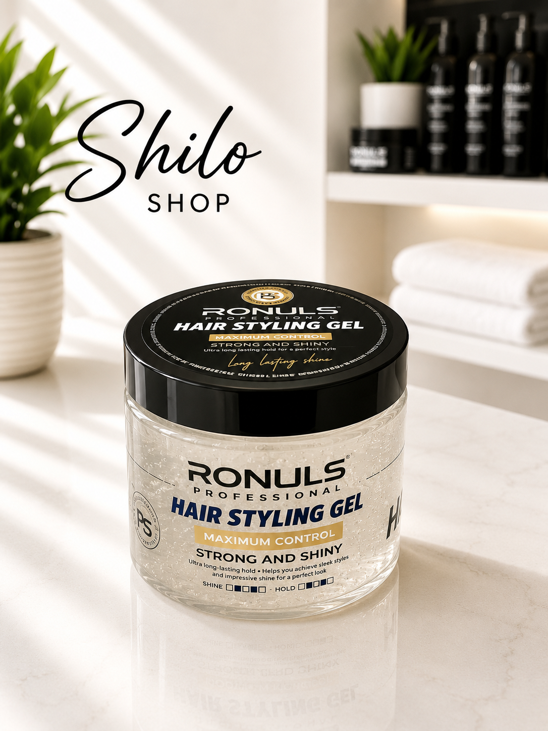 Ronuls Professional Hair Styling Gel Strong and Shiny Maximum Control – transparente Dose mit schwarzem Deckel
